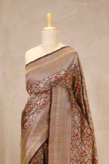 Coffee Brown Banarasi Katan Silk Saree with Meenakari Bird Motifs