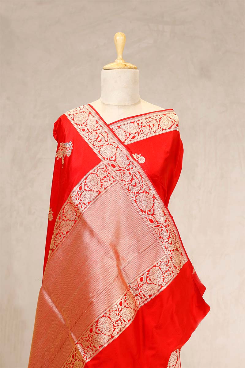 Red Banarasi Katan Silk Saree with Bird Motifs