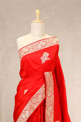 Red Banarasi Katan Silk Saree with Bird Motifs