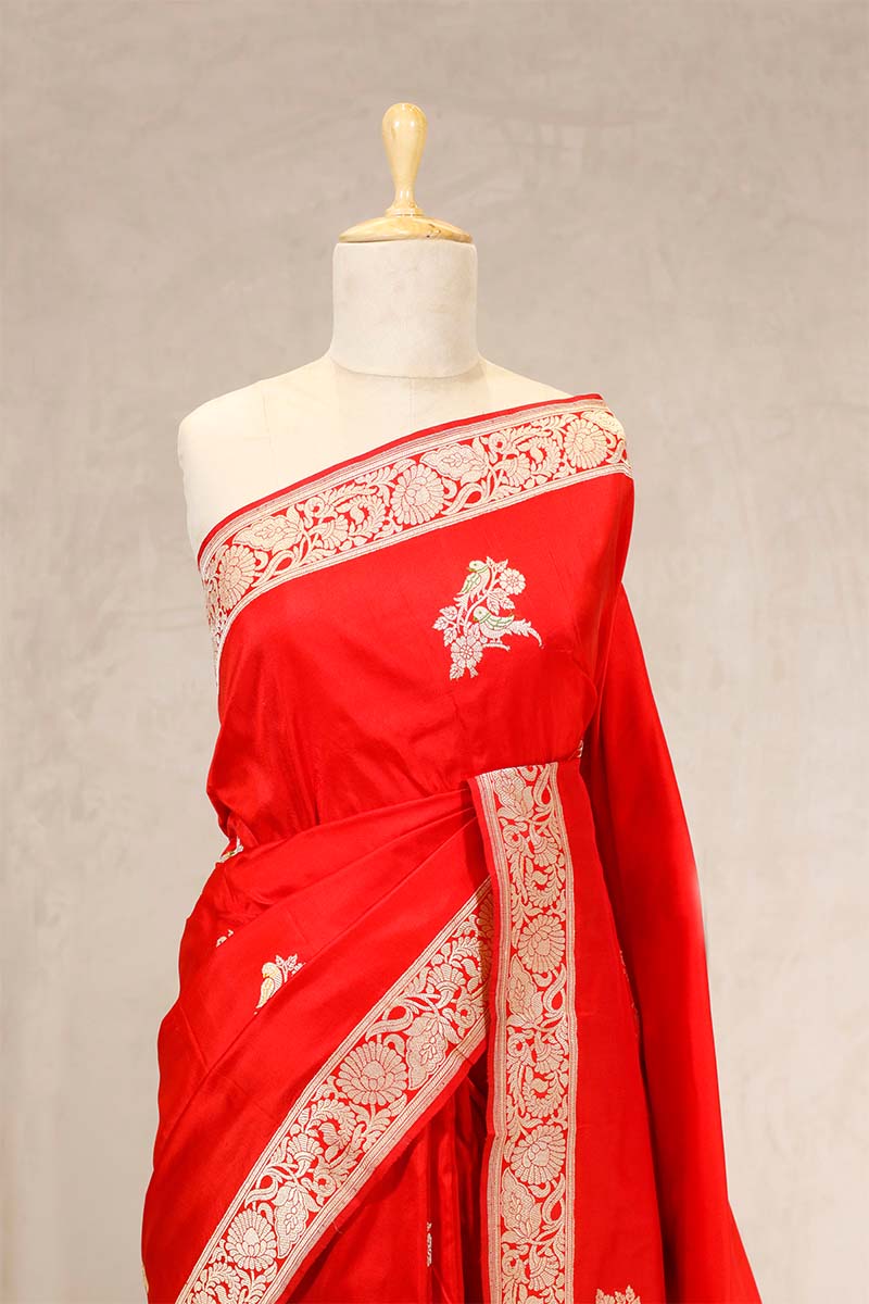 Red Banarasi Katan Silk Saree with Bird Motifs