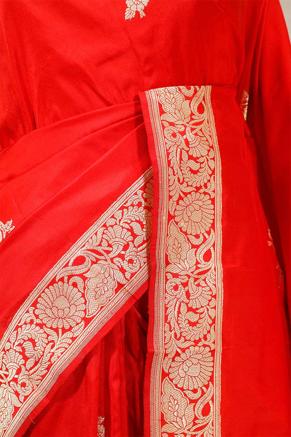 Red Banarasi Katan Silk Saree with Bird Motifs