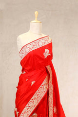 Red Banarasi Katan Silk Saree with Bird Motifs