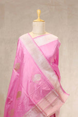 Baby Pink Katan Silk Banarasi Saree with Gold and Silver Zari Border