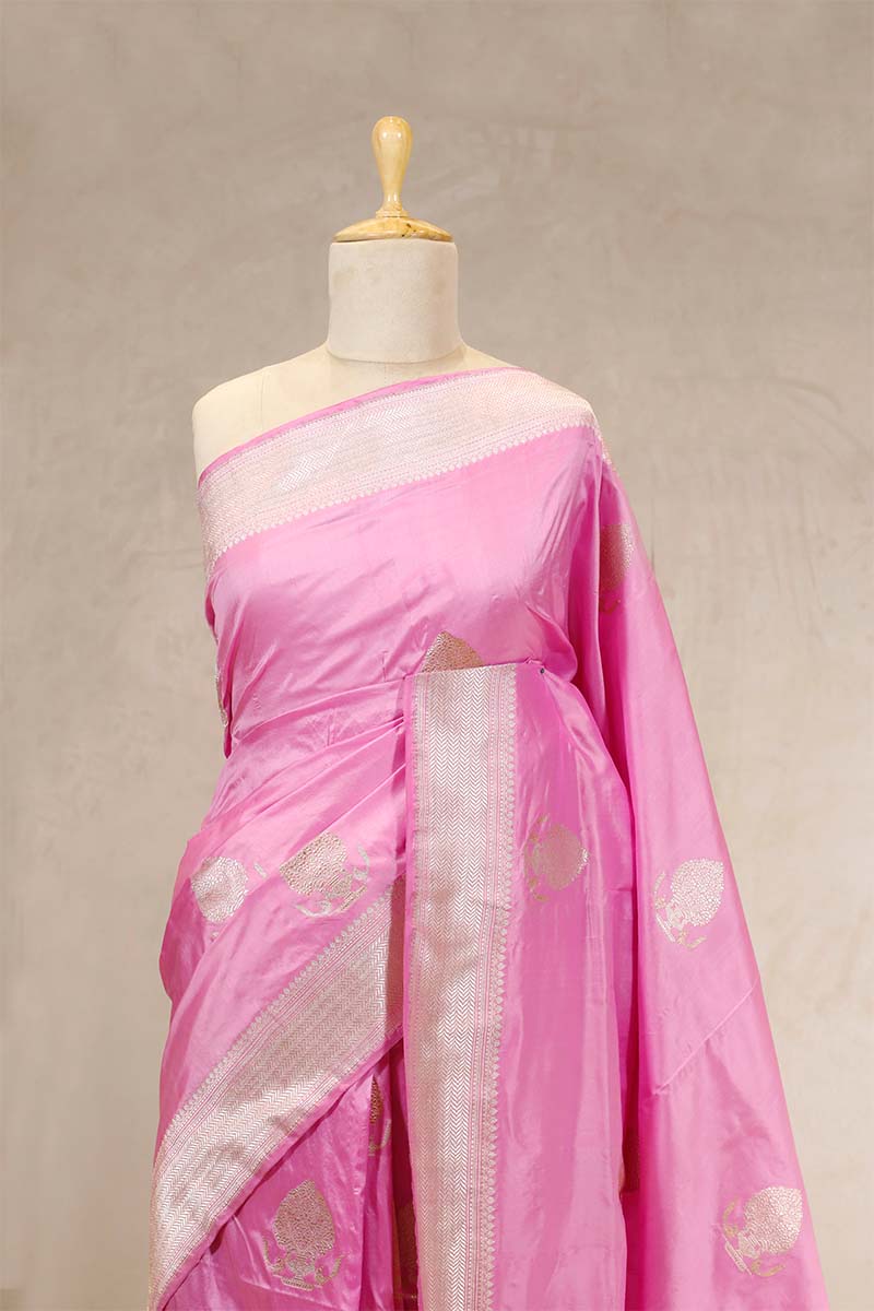 Baby Pink Katan Silk Banarasi Saree with Gold and Silver Zari Border