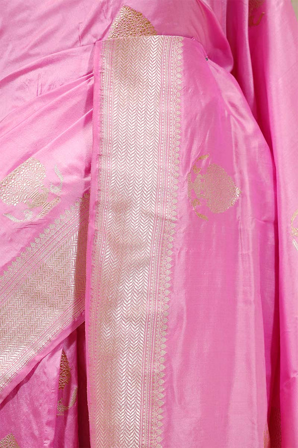 Baby Pink Katan Silk Banarasi Saree with Gold and Silver Zari Border