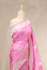 Baby Pink Katan Silk Banarasi Saree with Gold and Silver Zari Border