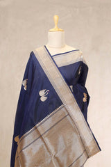 Navy Blue Handloom Banarasi Saree with Meenakari Hansa Motifs