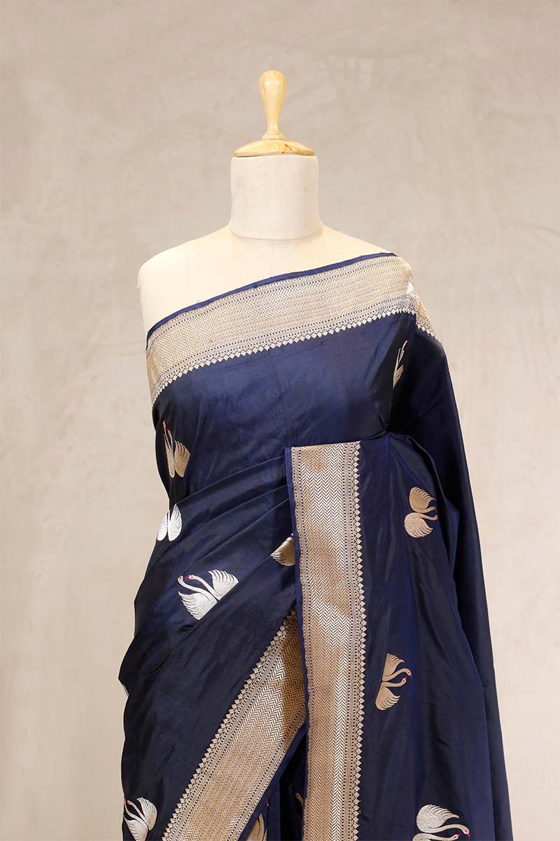 Navy Blue Handloom Banarasi Saree with Meenakari Hansa Motifs