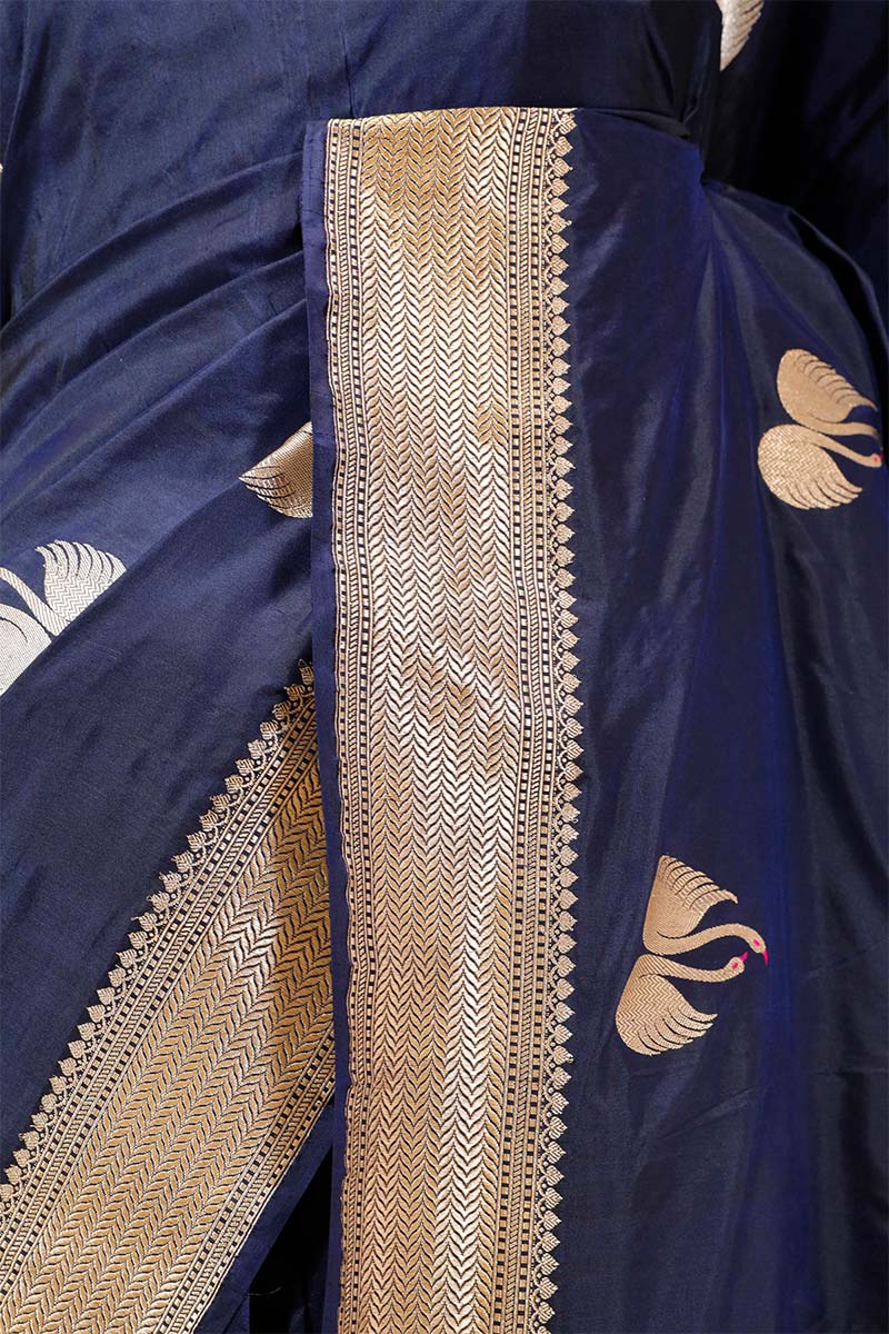 Navy Blue Handloom Banarasi Saree with Meenakari Hansa Motifs