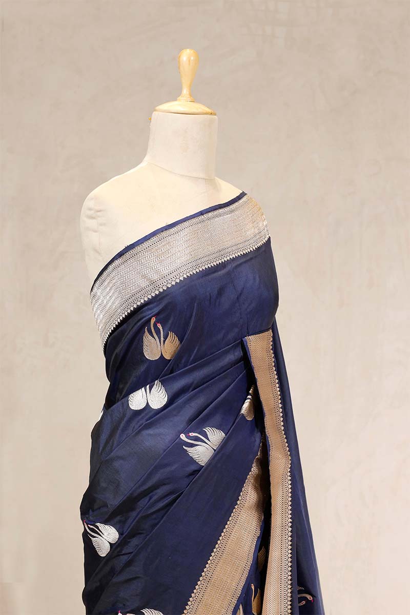 Navy Blue Handloom Banarasi Saree with Meenakari Hansa Motifs