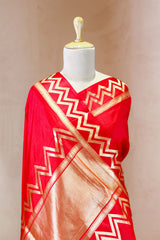 Red Banarasi Silk Saree with Geometrical Zig-Zag Border