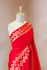 Red Banarasi Silk Saree with Geometrical Zig-Zag Border