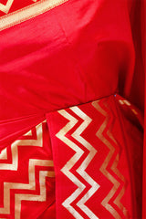 Red Banarasi Silk Saree with Geometrical Zig-Zag Border