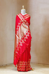 Red Banarasi Silk Saree with Geometrical Zig-Zag Border