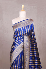 Royal Blue Handloom Katan Silk Banarasi Saree with Gold Zari Floral Stripes