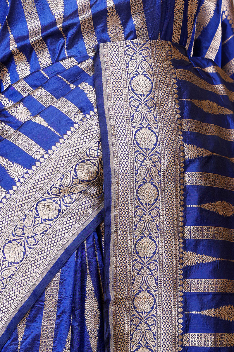 Royal Blue Handloom Katan Silk Banarasi Saree with Gold Zari Floral Stripes