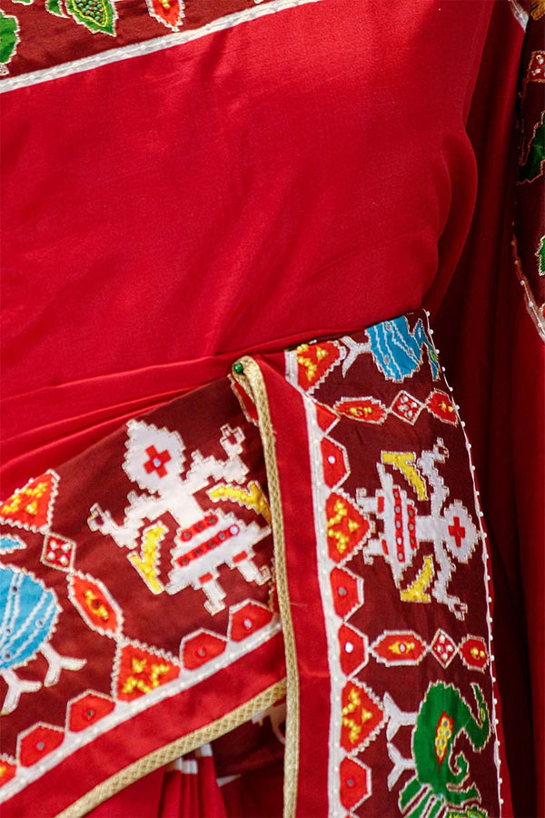 Nita Ambani Inspired Red Patola Saree with Radha-Krishna Embellished Blouse