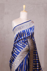 Royal Blue Handloom Katan Silk Banarasi Saree with Gold Zari Floral Stripes