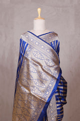 Royal Blue Handloom Katan Silk Banarasi Saree with Gold Zari Floral Stripes