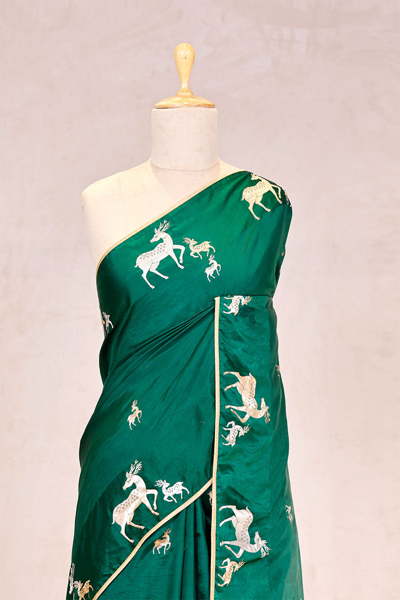 Bottle green Handloom Banarasi Silk Saree with Gayatri Mantra