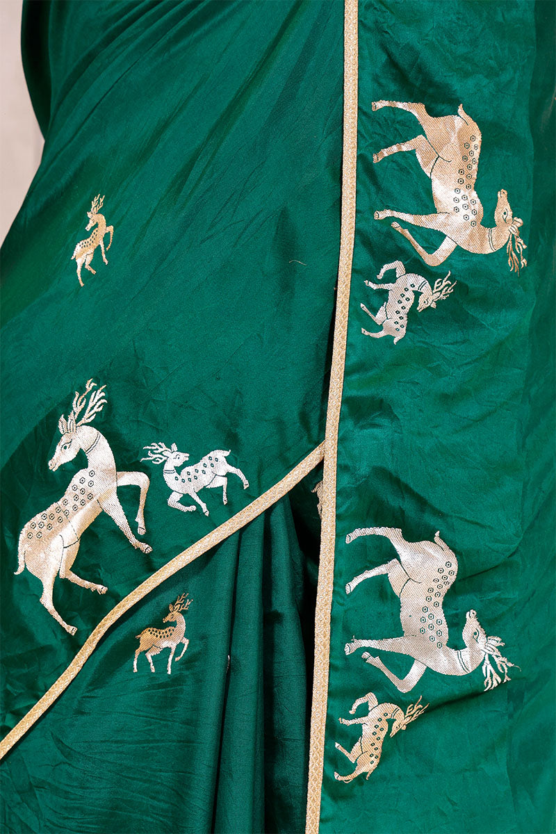 Bottle green Handloom Banarasi Silk Saree with Gayatri Mantra