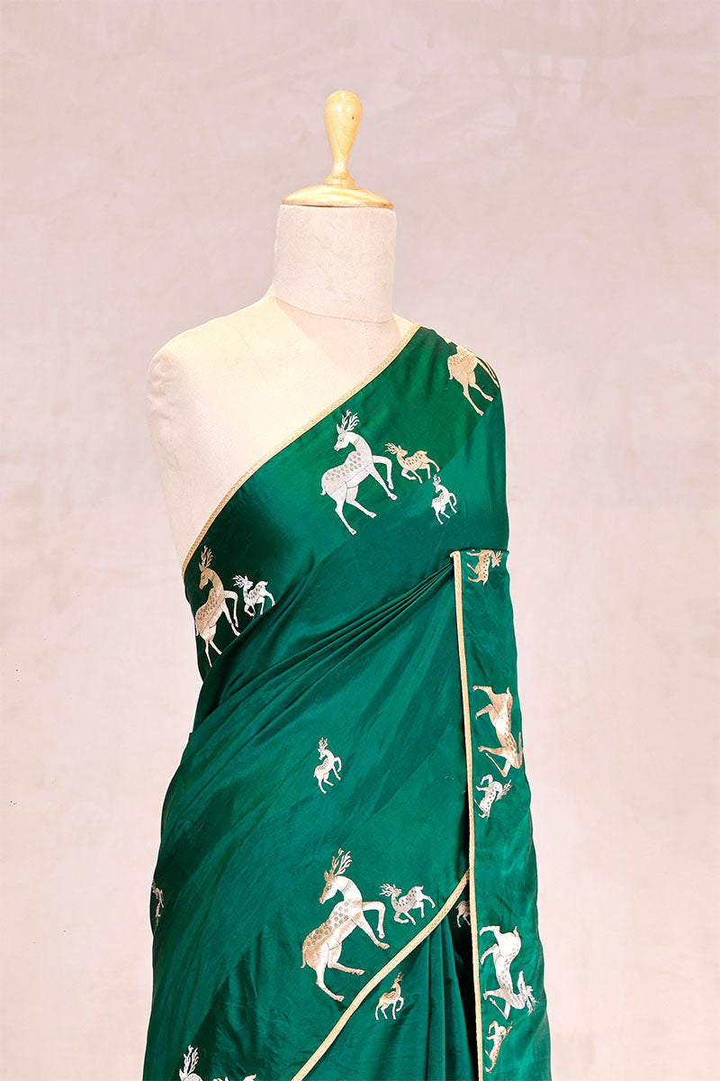 Bottle green Handloom Banarasi Silk Saree with Gayatri Mantra