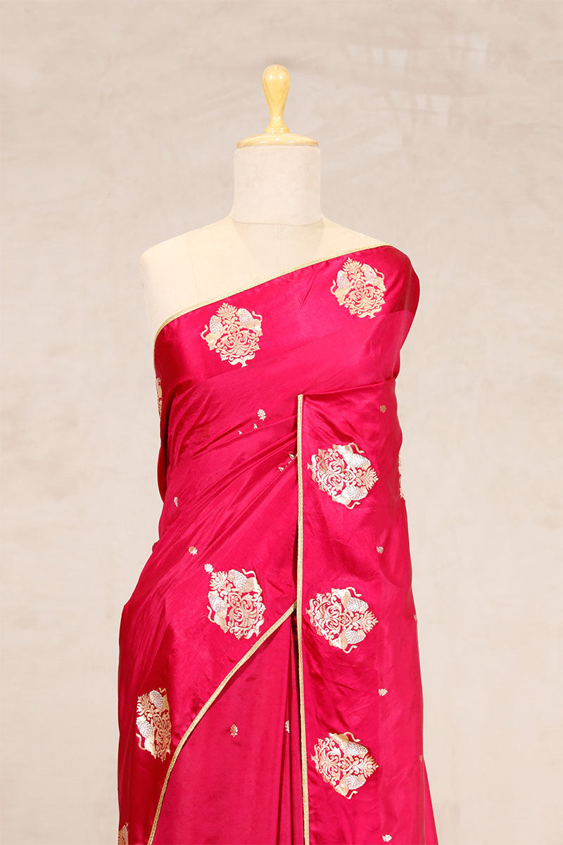 Red Handloom Banarasi Saree with Ganesh Mantra Hand-Embroidery