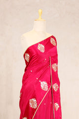 Red Handloom Banarasi Saree with Ganesh Mantra Hand-Embroidery