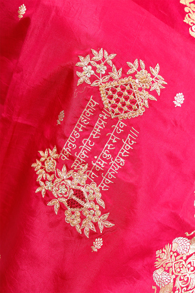 Red Handloom Banarasi Saree with Ganesh Mantra Hand-Embroidery