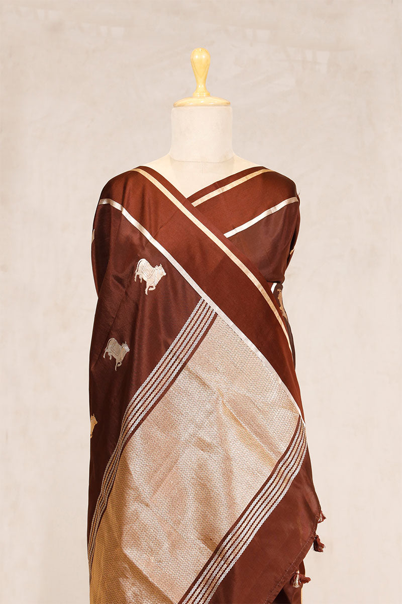 Brown Puna Silk Banarasi Saree with Pichwai Aghanya Motifs