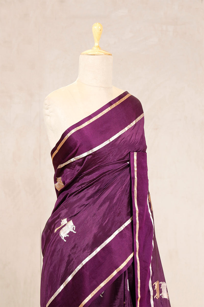 Purple Puna Silk Banarasi Saree with Pichwai Aghanya Motifs