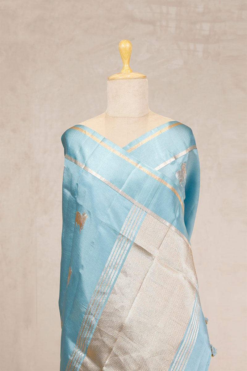 Sky Blue Puna Silk Banarasi Saree with Pichwai Aghanya Motifs