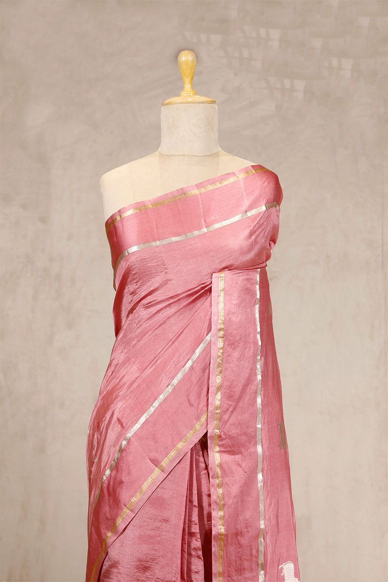 Baby Pink Puna Silk Banarasi Saree with Golden Zari Pichwai Motifs