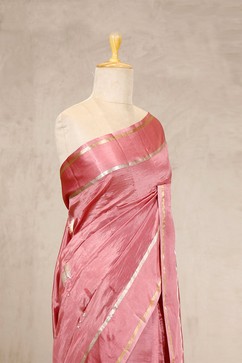 Baby Pink Puna Silk Banarasi Saree with Golden Zari Pichwai Motifs