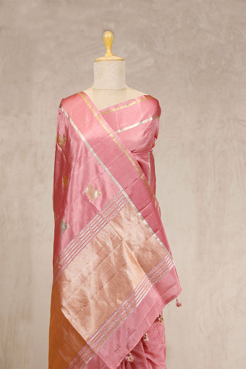 Baby Pink Puna Silk Banarasi Saree with Golden Zari Pichwai Motifs