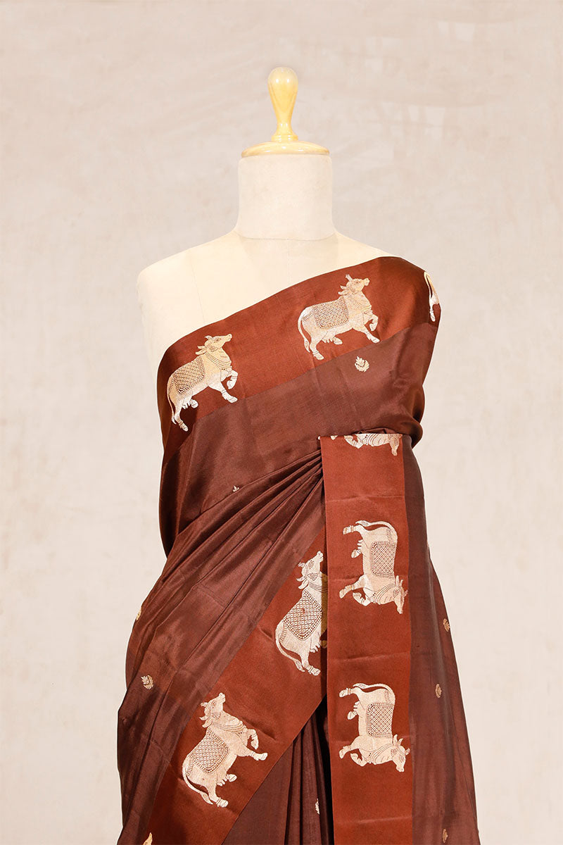 Brown Puna Silk Banarasi Saree with Golden Zari Pichwai Motifs