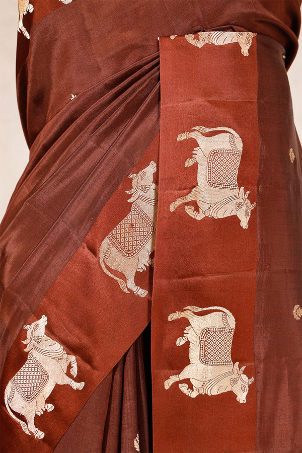 Mocha Mousse Banarasi Saree with Golden Zari Pichwai Motifs