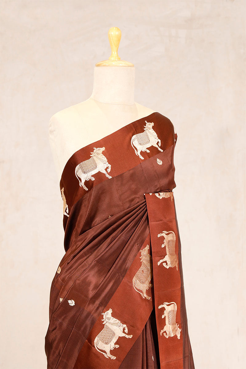 Brown Puna Silk Banarasi Saree with Golden Zari Pichwai Motifs