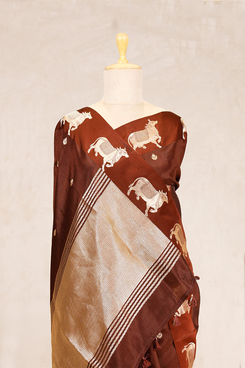 Brown Puna Silk Banarasi Saree with Golden Zari Pichwai Motifs