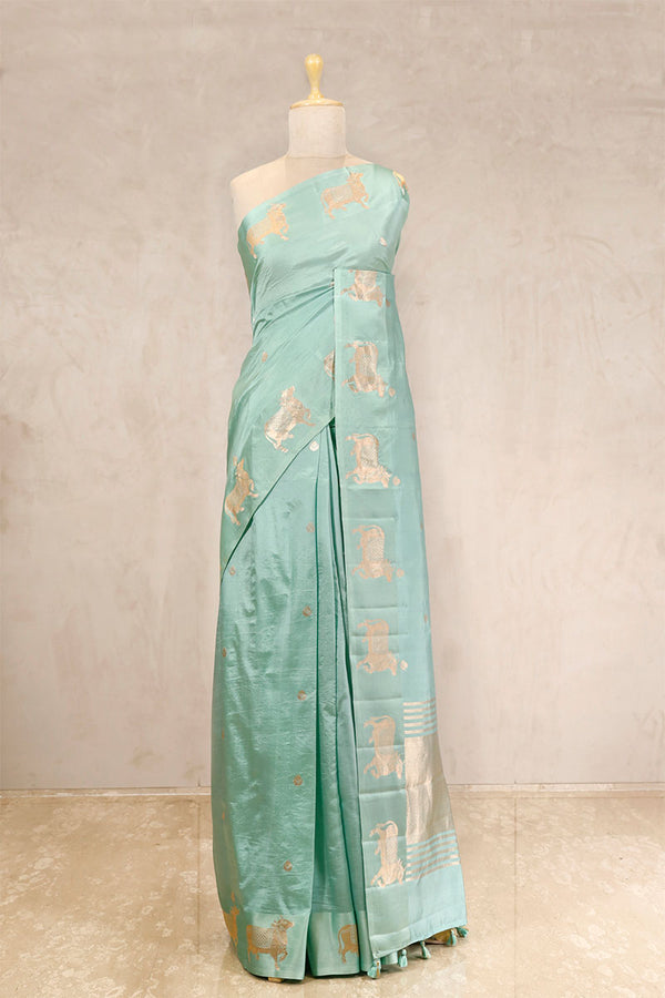 Aqua Blue Silk Banarasi Saree with Golden Zari Pichwai Motifs