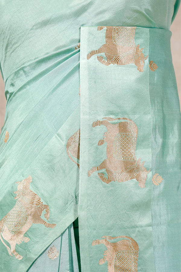 Aqua Blue Silk Banarasi Saree with Golden Zari Pichwai Motifs