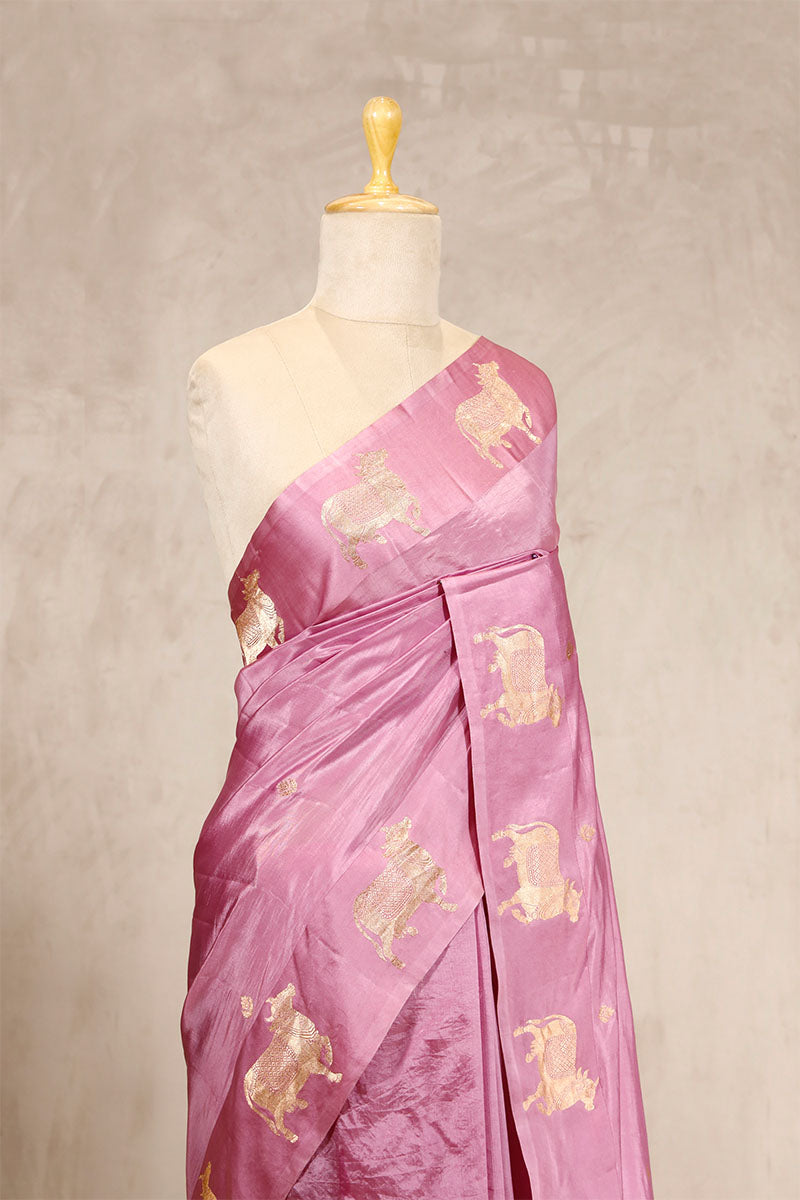 Baby Pink Puna Silk Banarasi Saree with Pichwai Aghanya Motifs