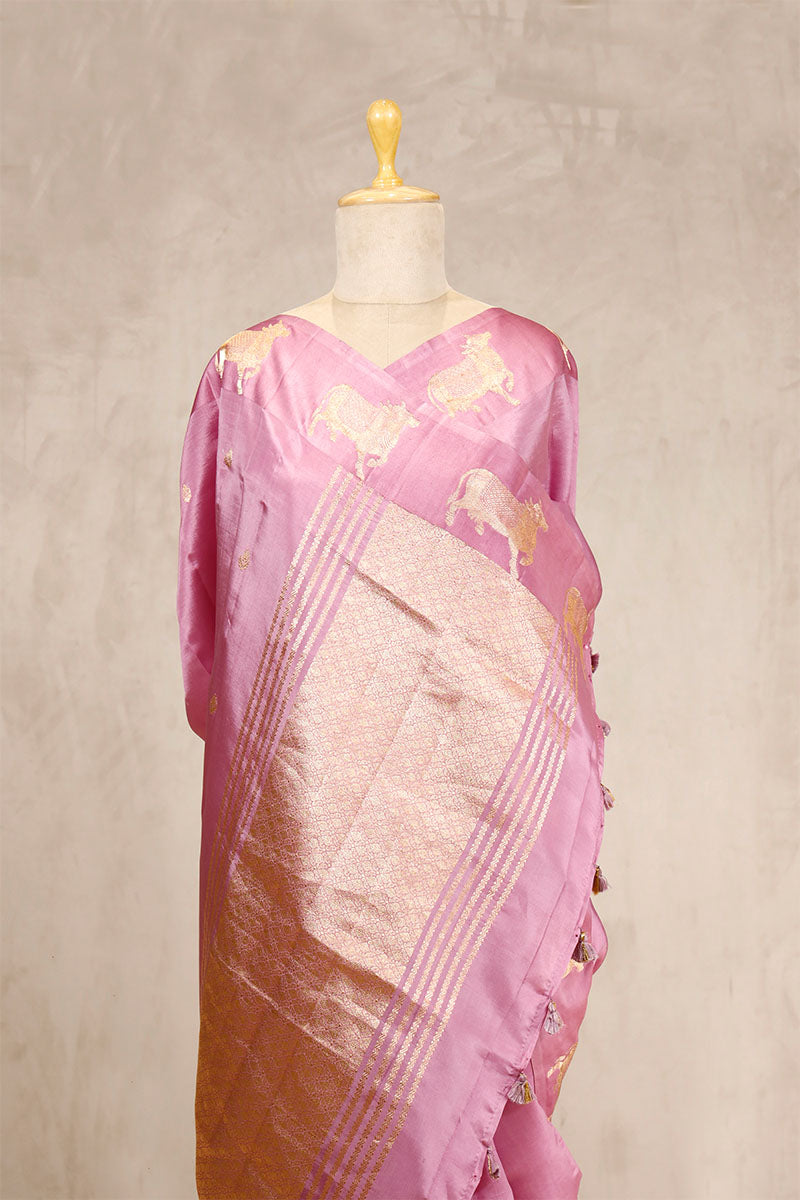 Baby Pink Puna Silk Banarasi Saree with Pichwai Aghanya Motifs