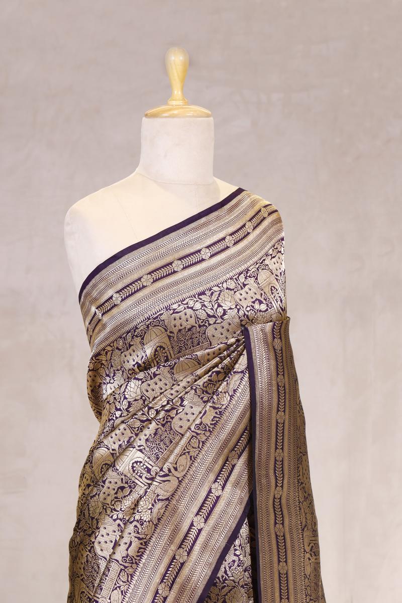 Deep Purple Banarasi Katan Silk Saree with Pichwai