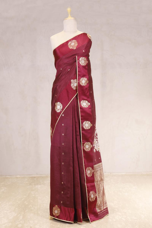 Wine Handloom Banarasi Silk Saree with Gayatri Mantra