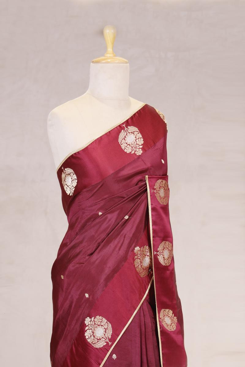 Wine Handloom Banarasi Silk Saree with Gayatri Mantra