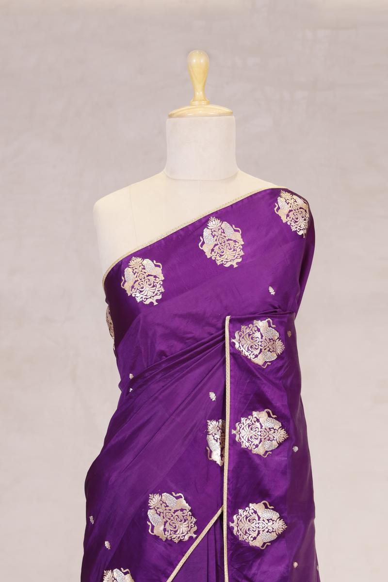 Purple Handloom Banarasi Silk Saree with Gayatri Mantra