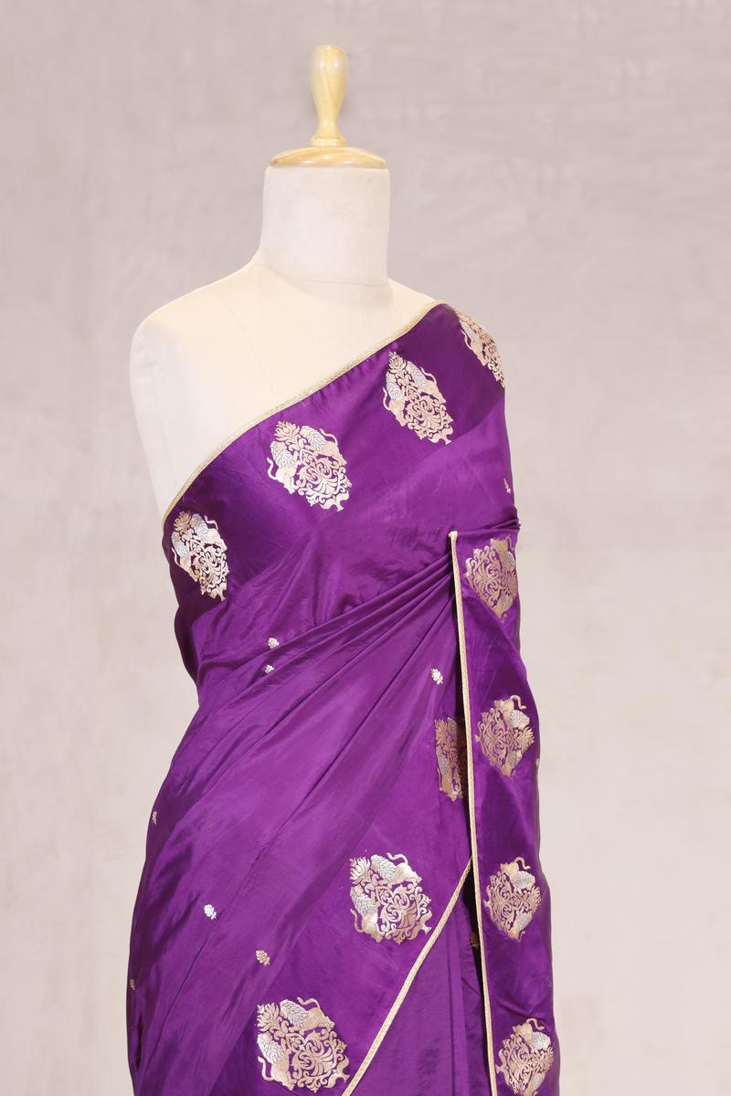 Purple Handloom Banarasi Silk Saree with Gayatri Mantra