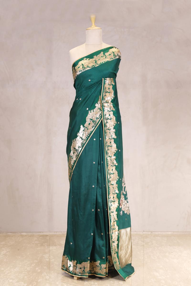 Green Handloom Banarasi Silk Saree with Gayatri Mantra