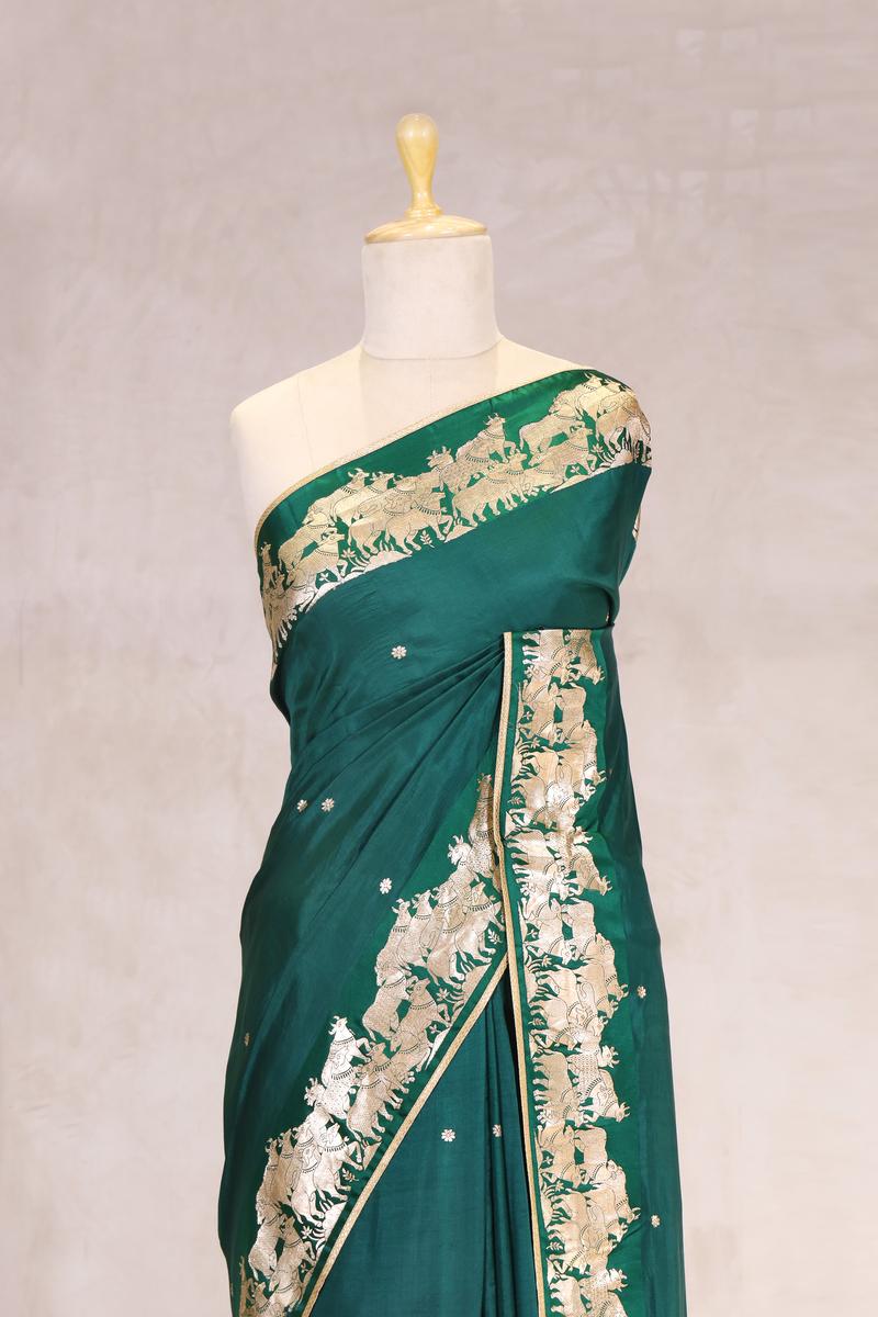 Green Handloom Banarasi Silk Saree with Gayatri Mantra